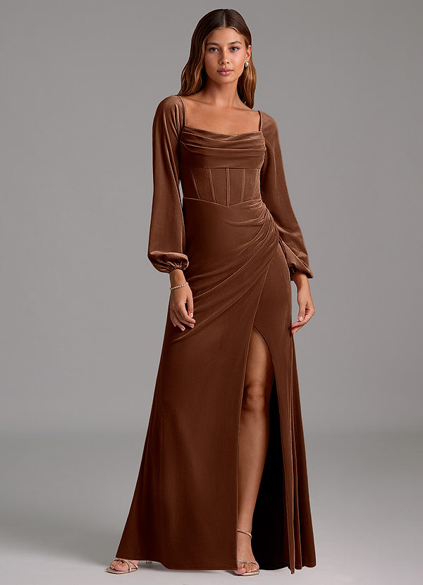 Azazie Charissa Bruidsmeisjes Jurken Jurk van flueel met Kolom Lange mouw Omber image1