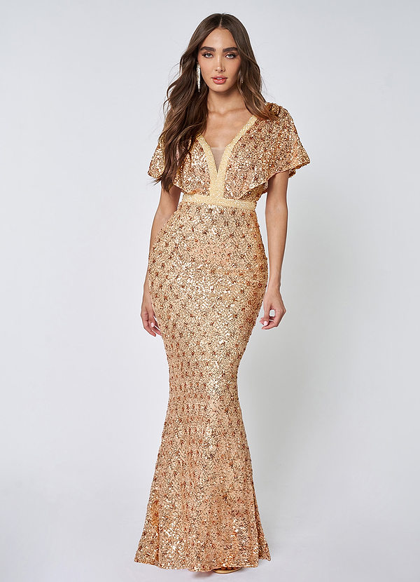 front Glam Sweetheart Champagne Sequin Maxi Dress