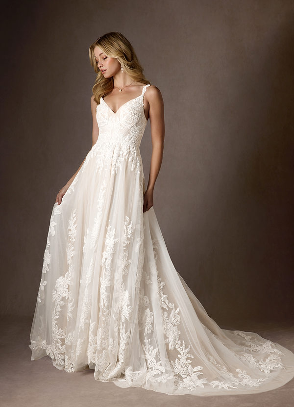 Azazie Delaina Wedding Dresses Diamond White Champagne A-Line V-Neck Sequins Tulle Dress image1
