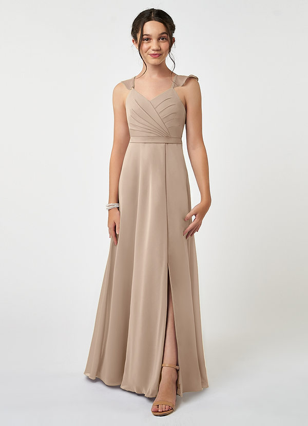 Azazie Emily Junior A-Linie Gestreift Chiffon Kleid Taupe image1