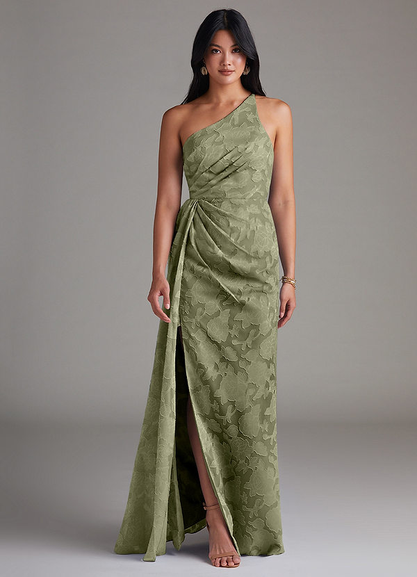 Azazie Mika Robes de demoiselle d'honneur Robe Fourreau en Blumen-Burnout Une épaule Pistache image1