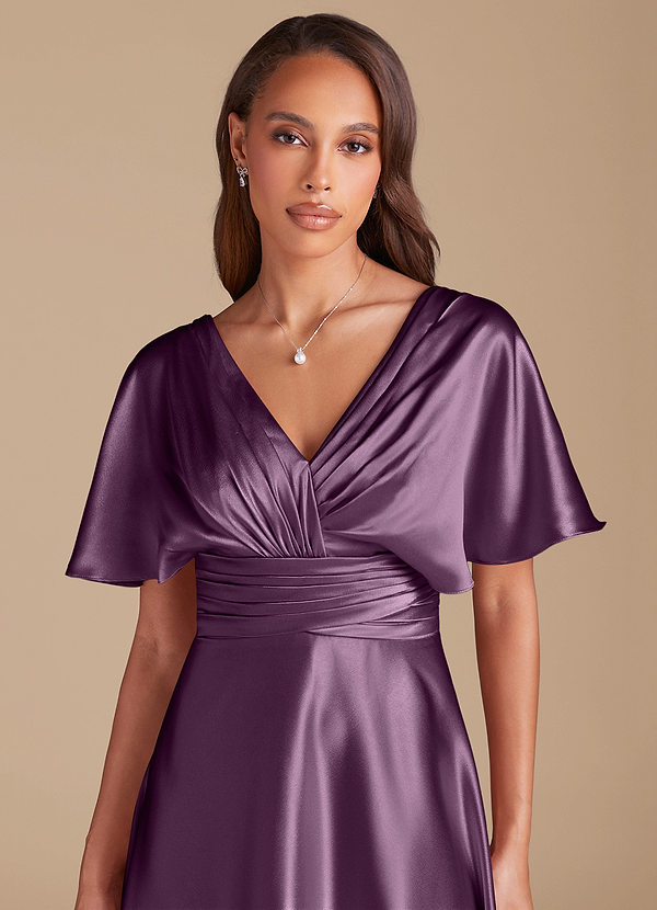 Azazie Pamela Bridesmaid Dresses Plum A-Line Pleated Metallic Satin Dress image1