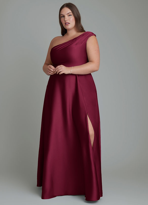 Azazie Melanie Vestidos de dama de honor Vestido Borgoña de Satén Elástico de Línea A con Hombros descubiertos image1