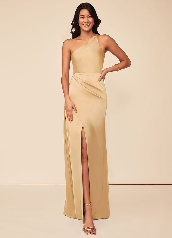 Azazie Maron Bridesmaid Dresses Gold A-Line One Shoulder Stretch Satin Dress image1