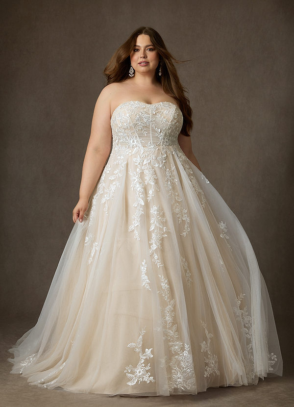 Azazie Keri Wedding Dresses Diamond White Champagne Ball-Gown Strapless Lace Dress image1