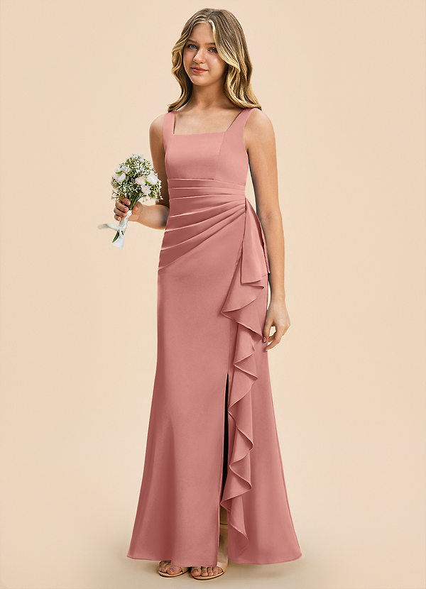 Azazie Adrienne Junior Rosette Sheath Pleated Stretch Satin Dress image1