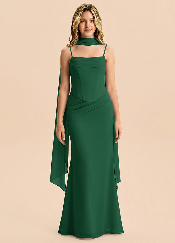 Azazie Sorrel Junior Vestido Verde Oscuro de Gasa de Corte Sirena con Plisado image1