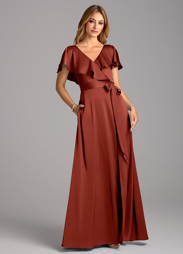 Azazie Lainey Robes Demoiselle d'honneur Robe Trapèze en Satin extensible avec poches Terracotta image1