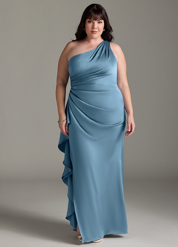 Azazie Latrice Abiti da Damigella Abito Tubino in Raso Elasticizzato con Volant a Cascata Monospalla Blu Acciaio image1