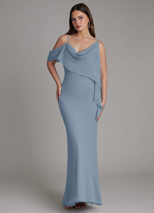 Azazie Yura 신부 들러리 드레스 인어 오프 더 숄더 쉬폰 바닥 길이 드레스 image1