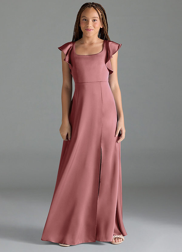 Azazie Bondi Junior Amethyst A-Line Side Slit Stretch Satin Dress image1
