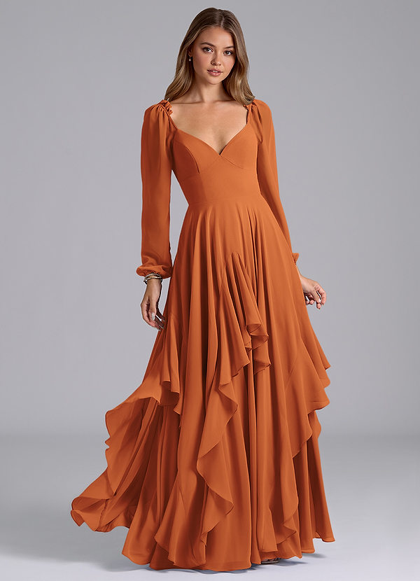 Azazie Karan Bridesmaid Dresses Cinnamon A-Line Long Sleeve Chiffon Dress image1