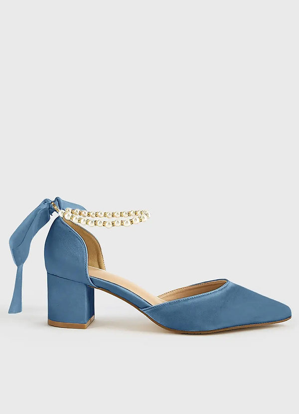 front Matching Color Matte Satin Pearl and Bow Pointed Toe Block Heels