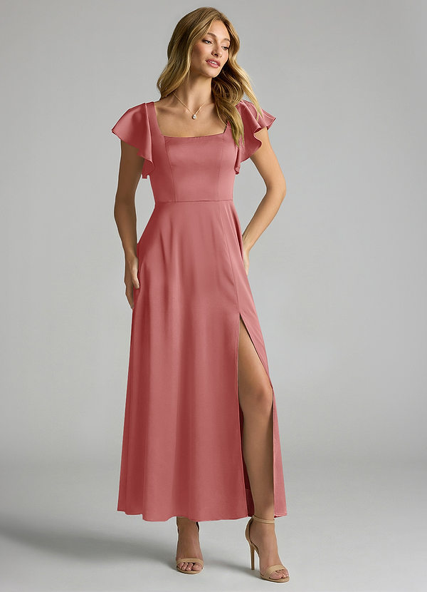 Azazie Bondi 신부 들러리 드레스 A라인 셔링 스트레치 새틴 발목 길이 드레스 image1