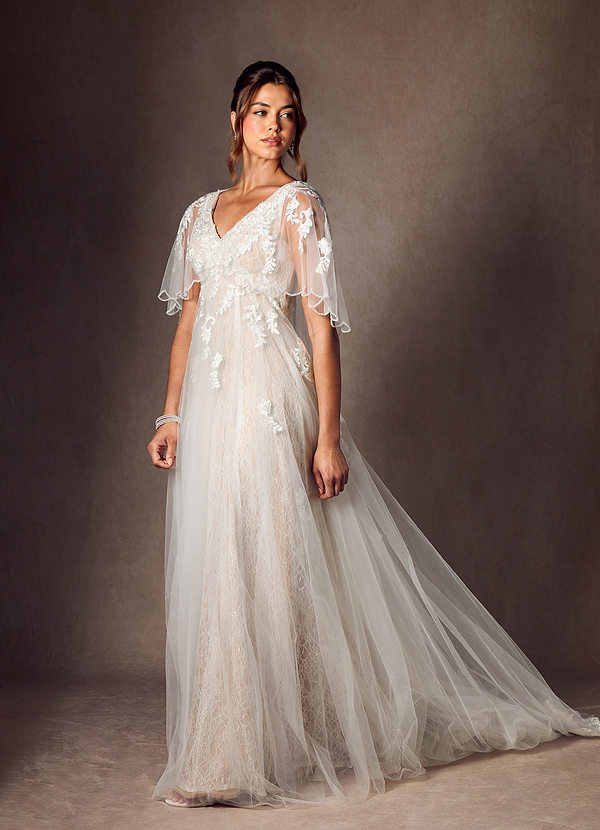 Azazie Renesmee Wedding Dresses Diamond White Nude A-Line Sequins Tulle Dress image1