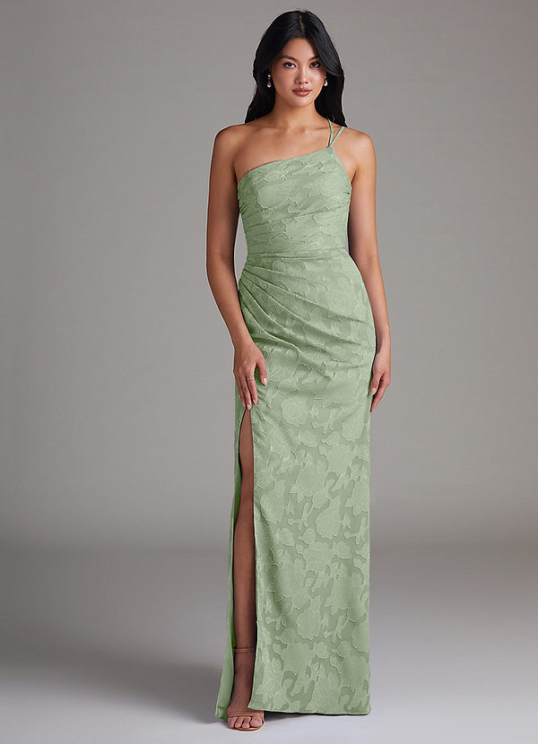 Azazie Eren Bridesmaid Dresses Dusty Sage Sheath One Shoulder Floral Burnout Dress image1