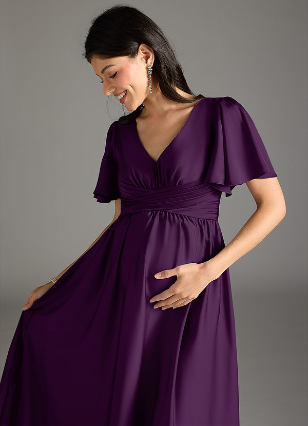 Azazie Verna Gravid brudtärna Klänningar Klänning A-Line Ruched Golvlängd Stretch Satin image1