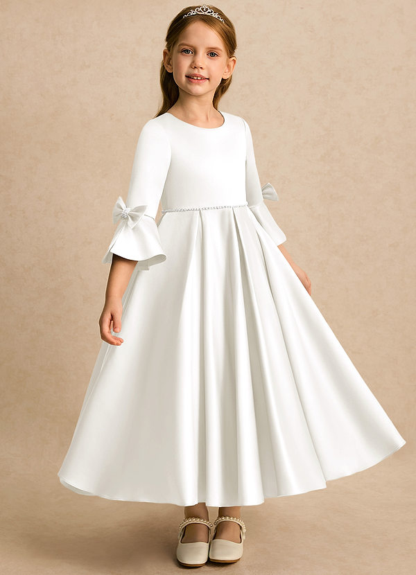 Azazie Eliza Flower Girl Dresses Ivory A-Line Pleated Matte Satin Dress image1