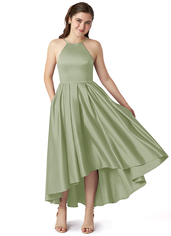 Azazie Jemima Junior Dusty Sage A-Line with Pockets Stretch Satin Dress image1