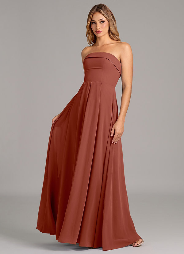 Azazie Lucienne Bruidsmeisjesjurken Converteerbaar Jurk van Chiffon met A-lijn Strapless Kastanjebruin image1