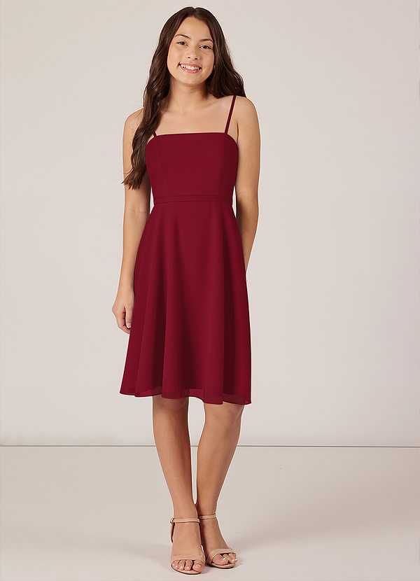 Azazie Kalie Junior Burgundy A-Line with Belt Chiffon Dress image1