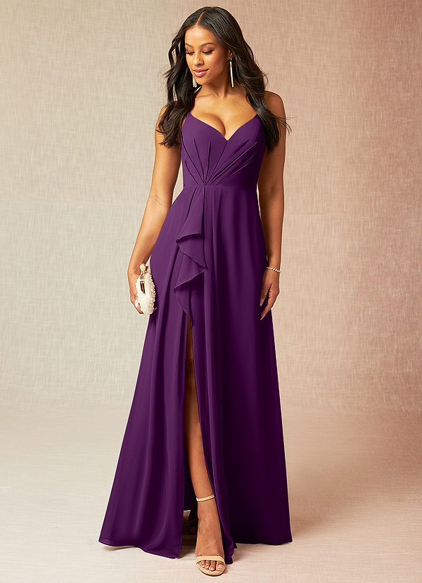 Azazie Kyedae Bridesmaid Dresses Grape A-Line V-Neck Pleated Chiffon Dress image1