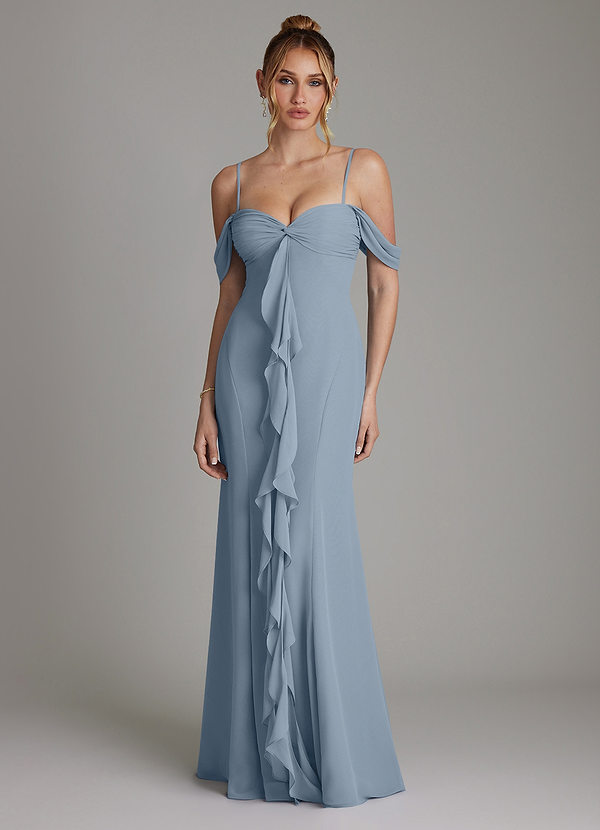 Azazie Karmela Bridesmaid Dresses Dusty Blue A-Line Off the Shoulder Chiffon Dress image1
