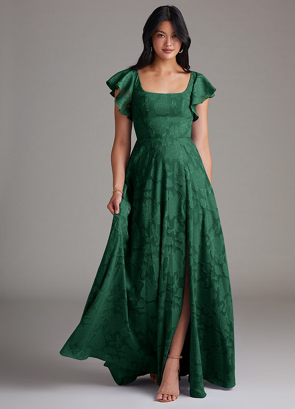 Azazie Bondi Bridesmaid Dresses Dark Green A-Line Side Slit Floral Burnout Dress image1