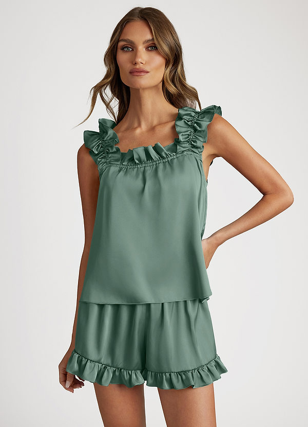 front Eucalyptus Satin Convertible Ruffle Strap Pajama Set