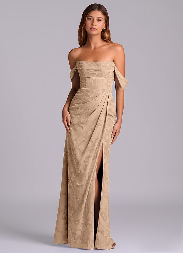 Azazie Johana 신부 들러리 드레스 인어 오프 더 숄더 플로럴 번아웃 바닥 길이 드레스 image1