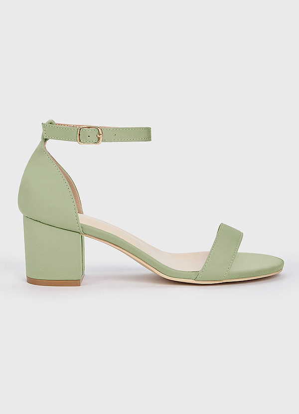 front Matching Color Stretch Satin One Strap Buckle Block Low Heel Sandals