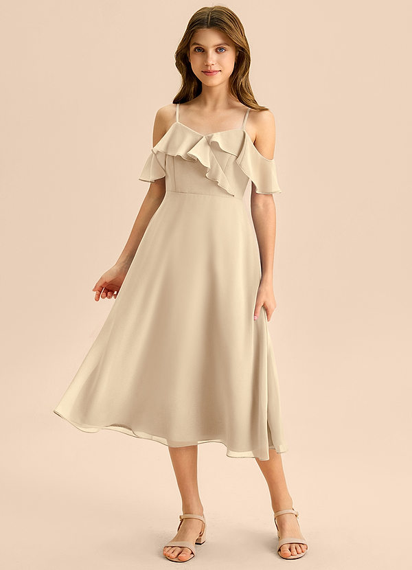 Azazie Kamilla Junior A-Linie Schulterfrei Chiffon Kleid Champagner image1