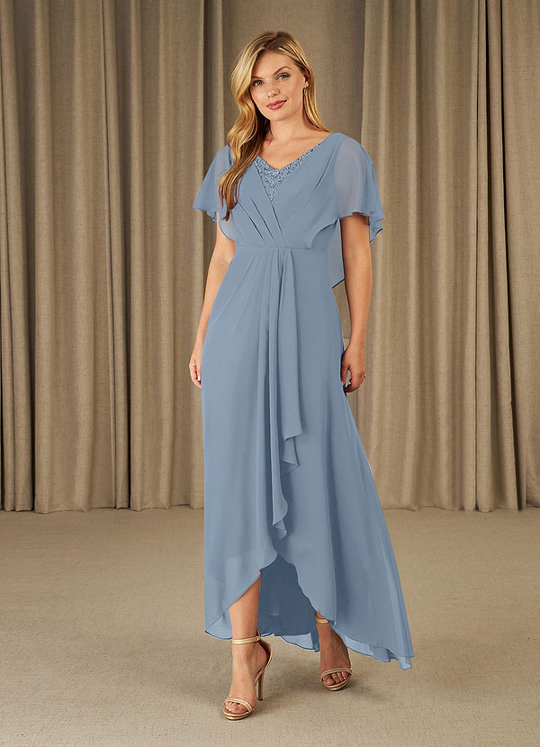 Azazie Eliza Mother of the Bride Dresses Dusty Blue A-Line V-Neck Pleated Chiffon Dress image1