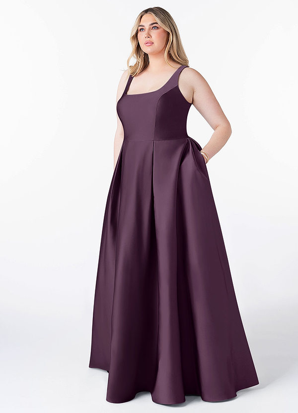 Azazie Neve Bridesmaid Dresses Plum Ball-Gown with Pockets Stretch Satin Dress image1
