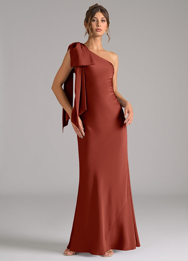 Azazie Capri Bridesmaid Dresses Terracotta Mermaid One Shoulder Stretch Satin Dress image1