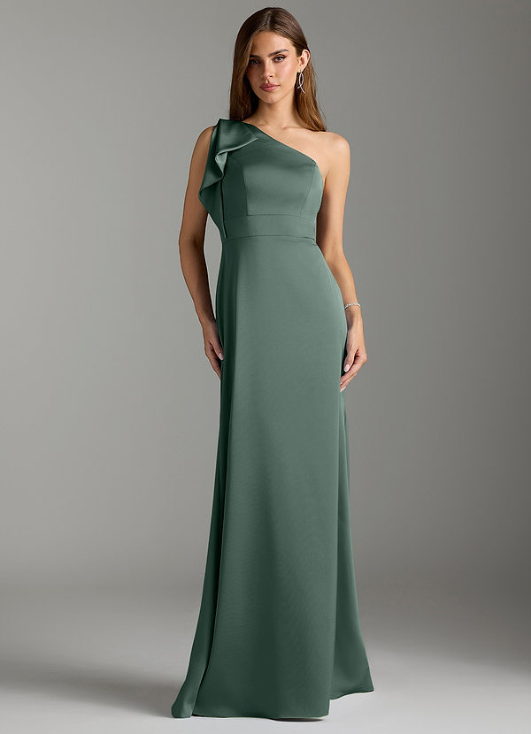 Azazie Rinna Bridesmaid Dresses Sea Moss Mermaid Ruched Stretch Satin Dress image1