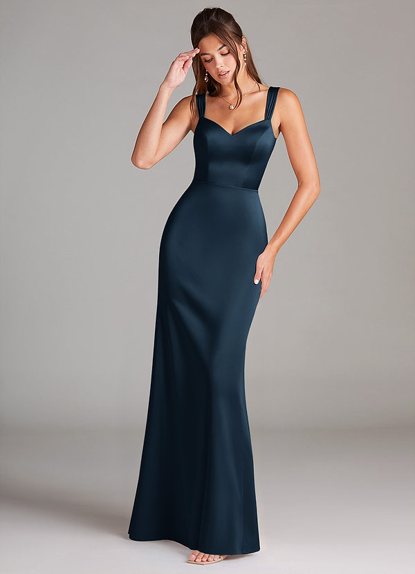 Azazie Denice Robes de demoiselle d'honneur Robe Fourreau en Satin extensible Plissé Bleu Marine Foncé image1
