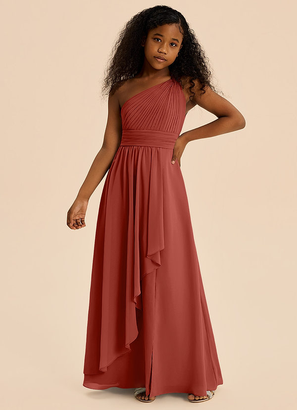 Azazie Skye Junior Abito A-Line in Chiffon Plissettato Terracotta image1