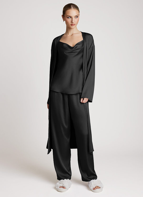 front Black Satin Long Sleeves 3-Piece Loungewear Set
