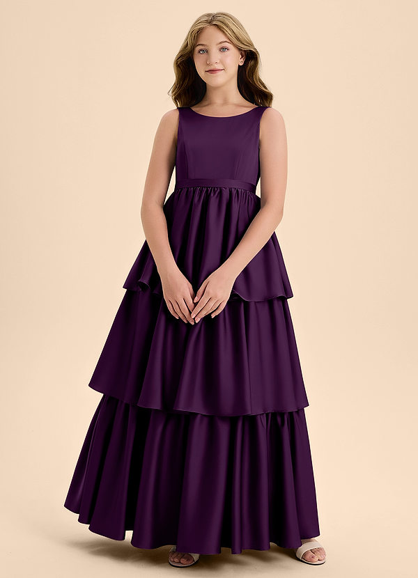 Azazie Meadowyn Junior Vestido de Uva de Satén Elástico de Corte En A con Lazo image1
