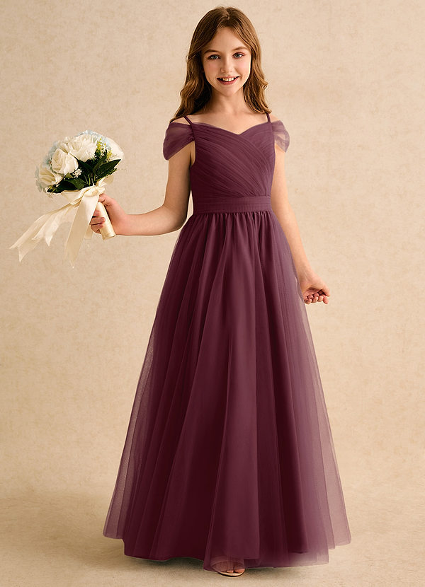 Azazie Yuna Girls Formal Abiti da Ragazza di Fiori Abito A-Line in Tulle a Spalla Scoperta Cabernet image1