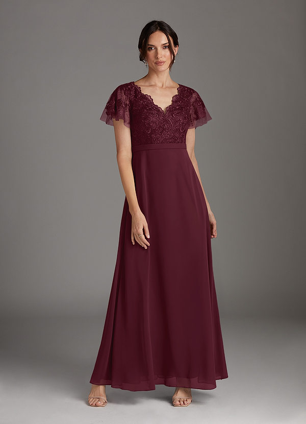 Azazie Singer Mother of the Brides Dresses Cabernet A-Line V-Neck Lace Chiffon Dress image1