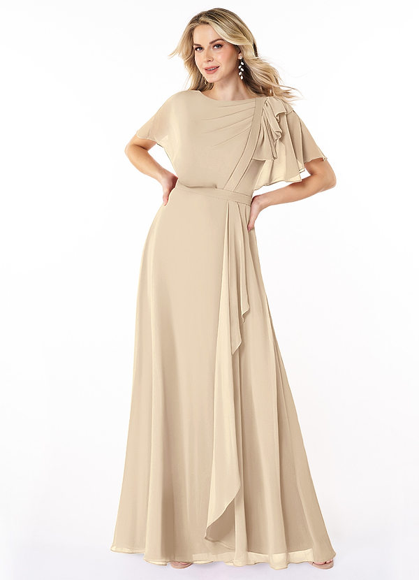 Azazie Aaliyah Abiti da damigella modesti Abito A-Line con Scollo a U a Pieghe Chiffon Floor-Length image1
