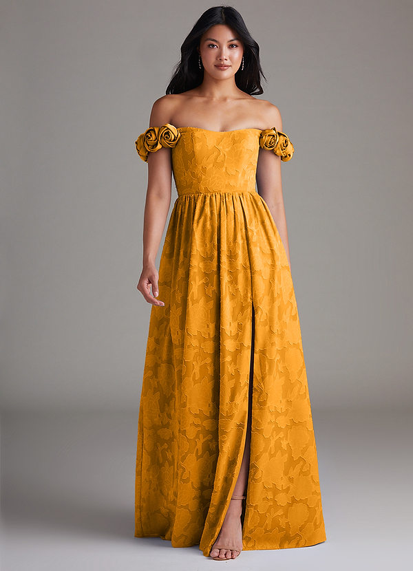 Azazie Autumn Robes Demoiselle d'honneur Robe Trapèze Convertible en Blumen-Burnout Épaule décolletée Caramel écossais image1
