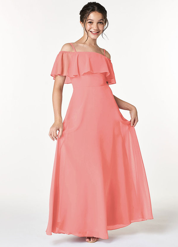 Azazie Maggie Junior Coral A-Line Off the Shoulder Chiffon Dress image1