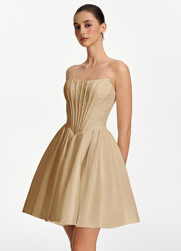 Lisbeth Champagne Mini abito senza spalline con corsetto in pizzo e allacciatura a corsetto. image1