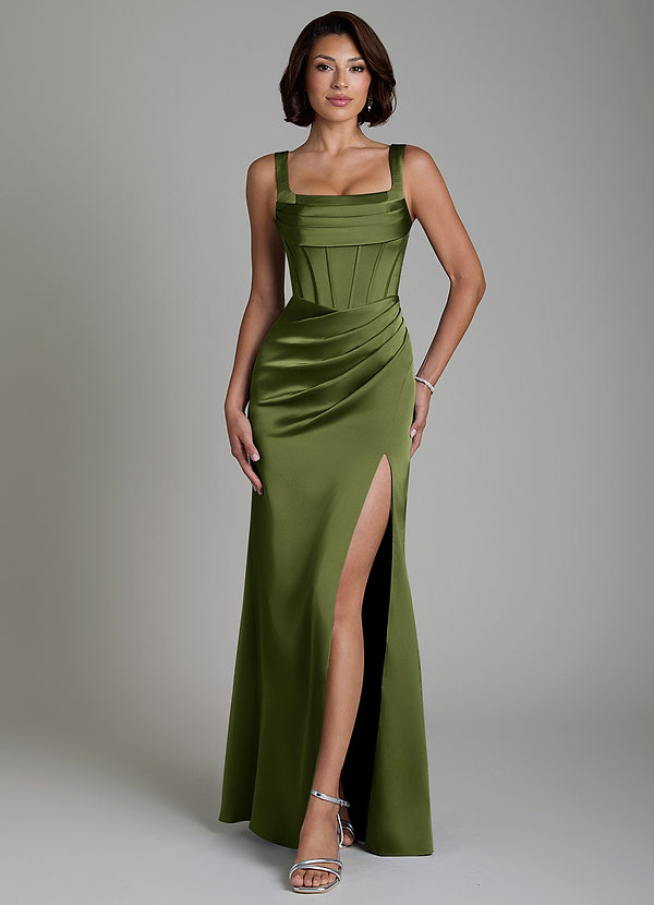 Azazie Amora Vestidos de dama de honor Vestido Oliva de Satén Elástico de Corte Sirena con Corsé image1