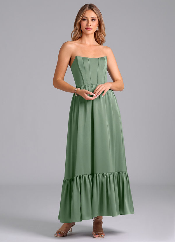 Azazie Leilana Bridesmaid Dresses Matcha A-Line Corset Stretch Satin Dress image1