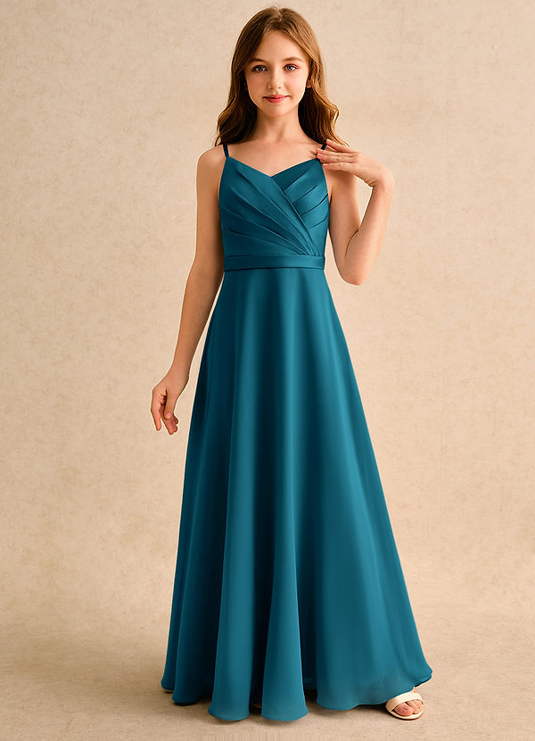 Azazie Umina Girls Formal Bloemenmeisjes Jurken A-Lijn Jurk van Mat Satijn Geplooid Inkt Blauw image1