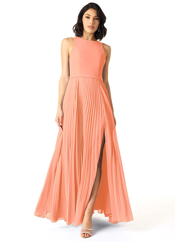 Azazie Lindie Bridesmaid Dresses Sunset A-Line Scoop Pleated Chiffon Dress image1